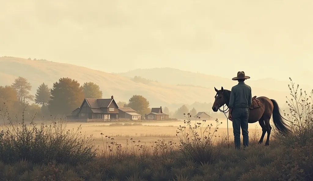 A farmer standing with his horse The farmer and the horse are on the left side of the image The size of the farmer and the horse is slightly bigger one third frame of image The background is a village The colours are warm and muted, with black and white an...