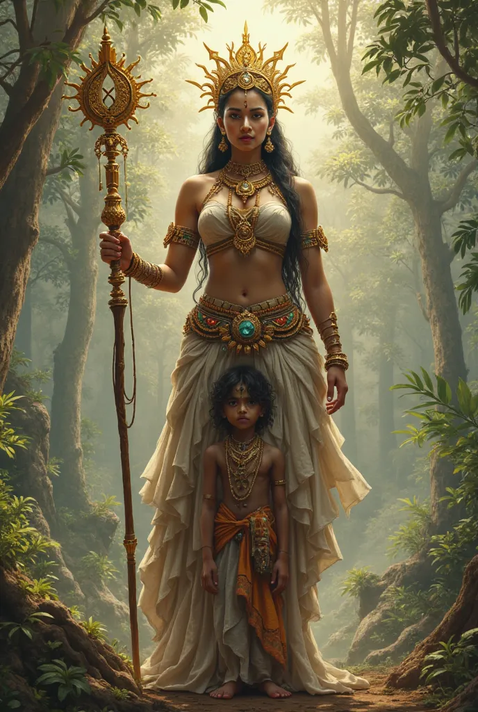 The Malayali goddess woman sits on her servant's boys shoulder, women age is 30, large breasts, wearing full of ornaments, ornamental, wearing golden Indian crown on head, Black pony tailed Hair, full figure, Drunk, walking, wearing shoes , Forest,  palace...