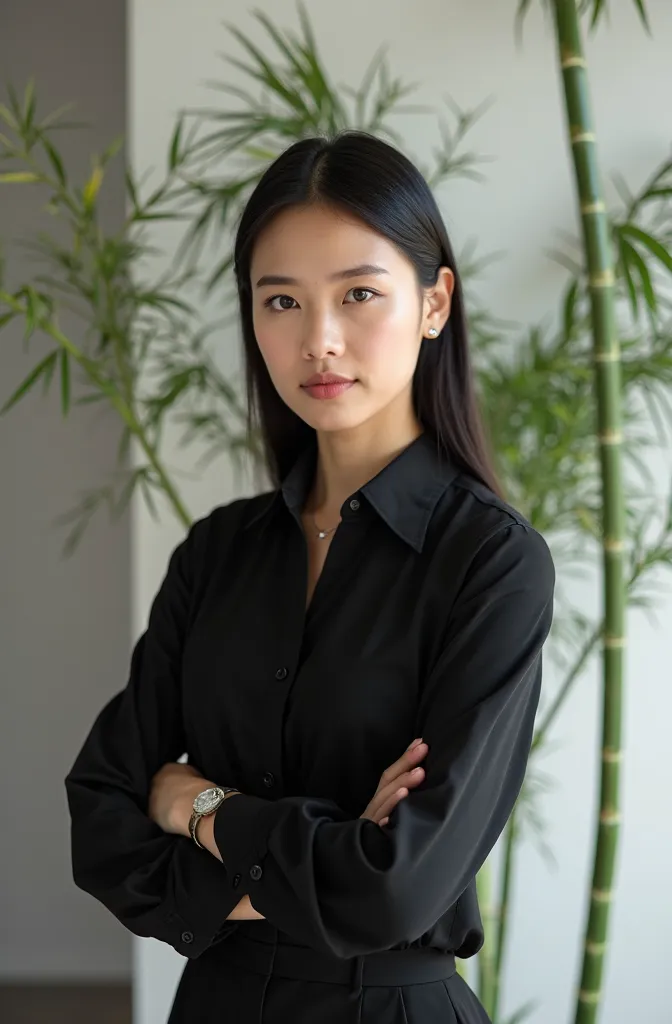 a female model wearing a black shirt without a pattern, in a professional setting, with bamboo in the background