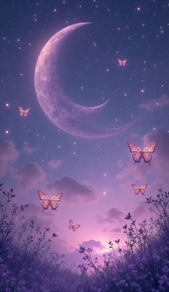 Purple color with starts and Moon with butterflies. 