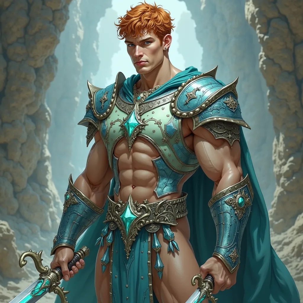 Make an full body photorealistic character of the hero. incredibly handsome and extremely muscular body builder with narrow waist and big muscular legs and big well rounded buttocks. Wearing small crown band. Short ginger curly haired trimmed real short on...