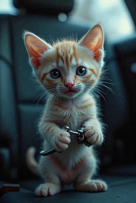 Handcuffed kitten inside the police car