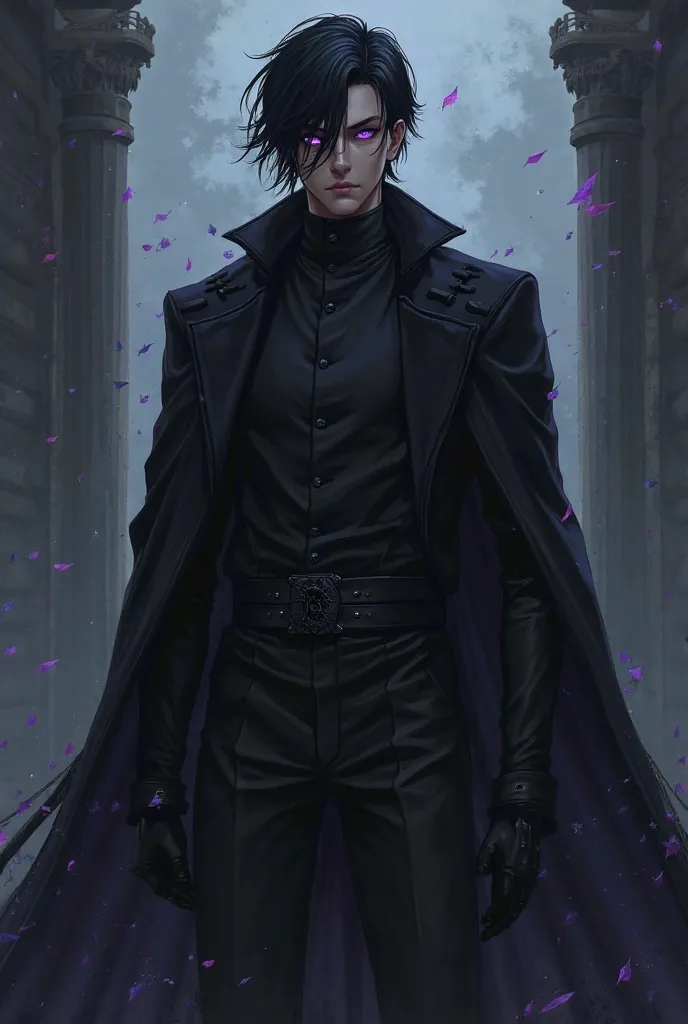 Anime man with black hair tied back, lean physique, dark purple hunter eyes, wearing black long coat representing darkness