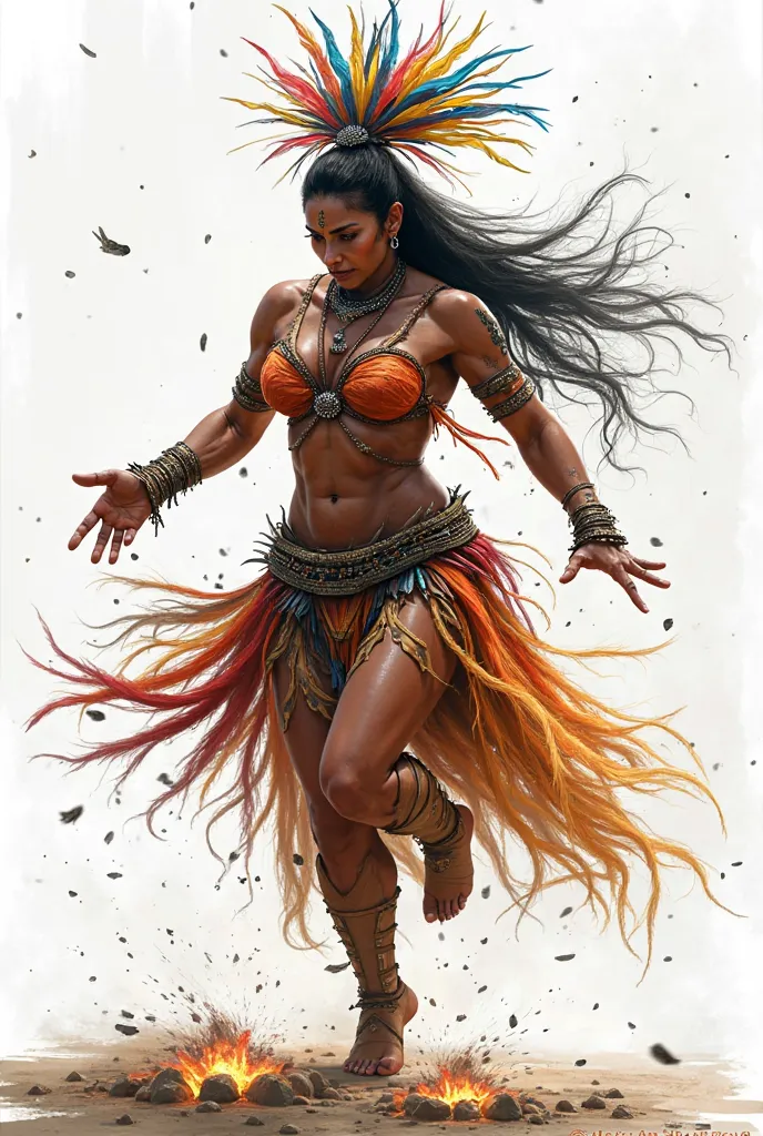 Maya warrior woman, multiple views, head-to-toe, white background, feathers only, full figured, lit by fire, dancing, older, aggressive, strong, realistic