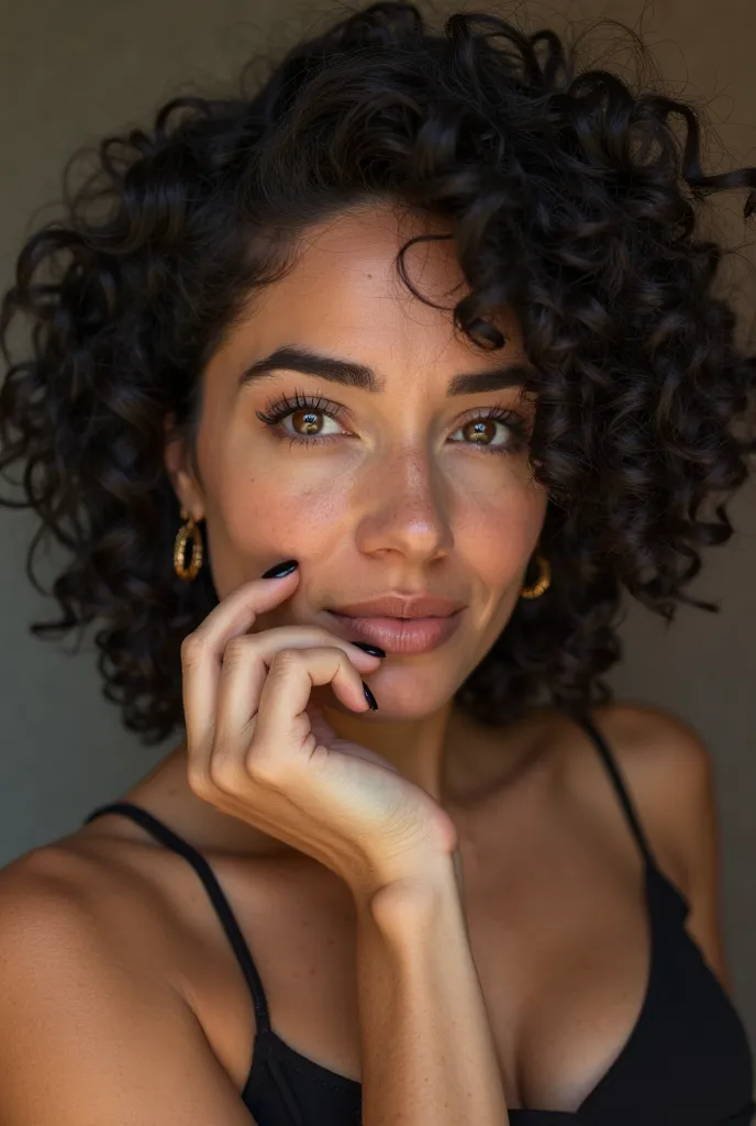 Beautiful 42 year old woman who looks much younger,  Slightly olive complexion,  curly black hair type 3A,  brown eyes, Slightly rigged, Nice face, And it's frivolous, with black polish on the fingernails