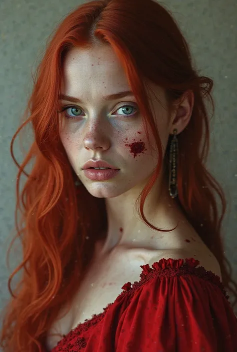 A young women with long cherry red hair, blind dull blue eyes, many scars on her face and in a gorgeous red gown