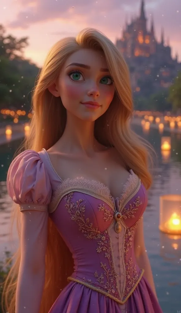 **Prompt:**  

A breathtaking, hyper-realistic cinematic portrait of Rapunzel from *Tangled*, rendered in stunning 4K. She is depicted as a young woman with fair, luminous skin and expressive emerald-green eyes. Her long, flowing golden hair cascades aroun...