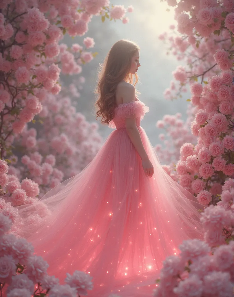 arafed woman in a pink dress standing in front of a floral backdrop, digital art inspired by Oleg Oprisco, tumblr, baroque, ethereal fairytale, very magical and dreamy, dreamy style, maternal photography 4 k, dreamy and ethereal, lady with glowing flowers ...