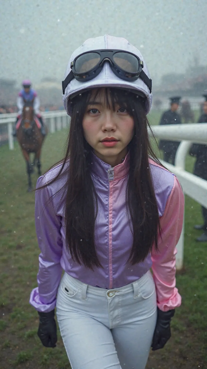  angle from butt ,full body,A racehorse falls over,An 18-year-old Japanese woman falls off a horse,japanese,Korean style beauty,Young face,Small face,Transparency, pure white skin,Grey Eyes,cute, idol,Idol,Portrait, model,straight long hair,Sex, glossy bla...