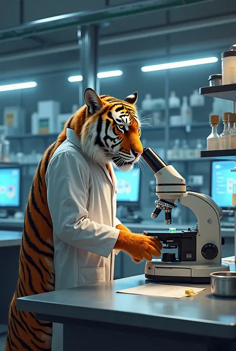 A Tiger in a lab coat, holding a microscope in a high-tech laboratory, analyzing a specimen in HD quality 