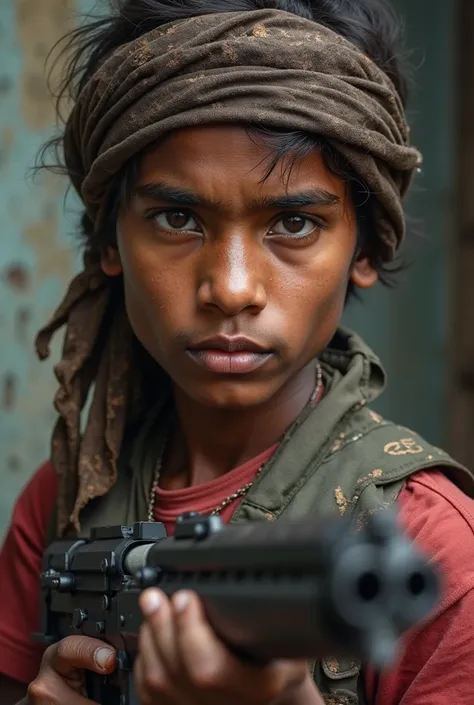 Young Indian naxalite holding weapon face photo