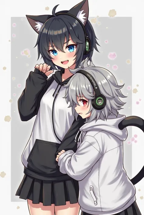 2 Cat girls. one: with branchy black hair,  blue eyes, medium height, open mouth, Breasts,   Reddish,   smirk, fangs, drool, сидит in headphones, hairpin, black and white hoodie and black skirt,  chelka. Second : Branched silver hair, red, eyes white hoodi...