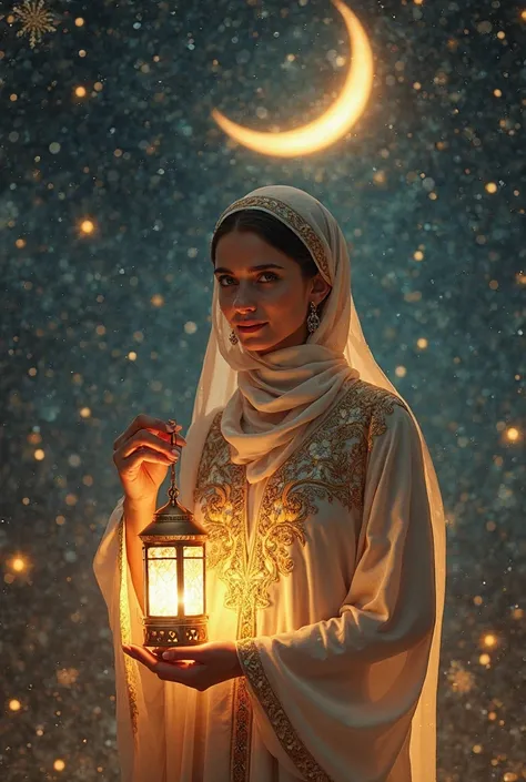 "A stunning and mystical Arabic woman stands gracefully under the soft glow of the crescent moon, symbolizing the arrival of Ramadan. She wears an elegant, flowing abaya with intricate golden embroidery, exuding beauty and spiritual enlightenment. Her sere...