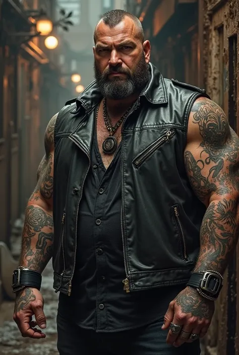 35 years old strong an fat man, tattooed, heavy metal fan, black jacket