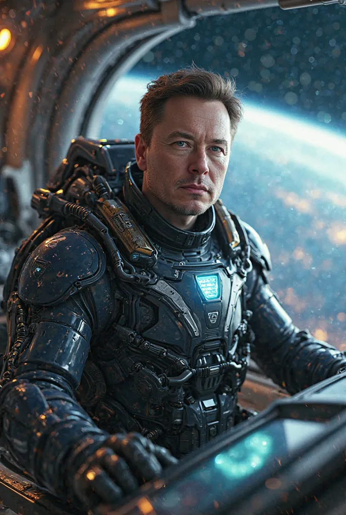 A cyborg with Elon Musk's face surrounded by robots in a futuristic spaceship flying through space