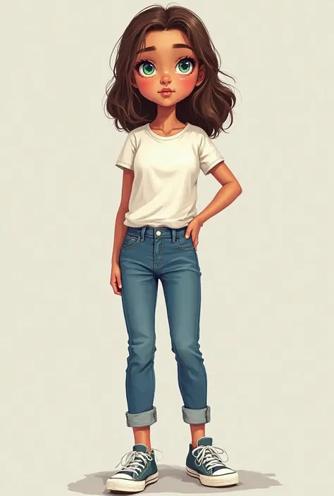 Jeune fille, peau brune, yeux verts émeraude en amande, cheveux lisses, cheveux mi-longs,  coupe carré, poitrine moyenne, visage proportionnel, tee-shirt blanc, jean bleu, chaussures converses, nez fin, levres pulpeuses légèrement rosés,