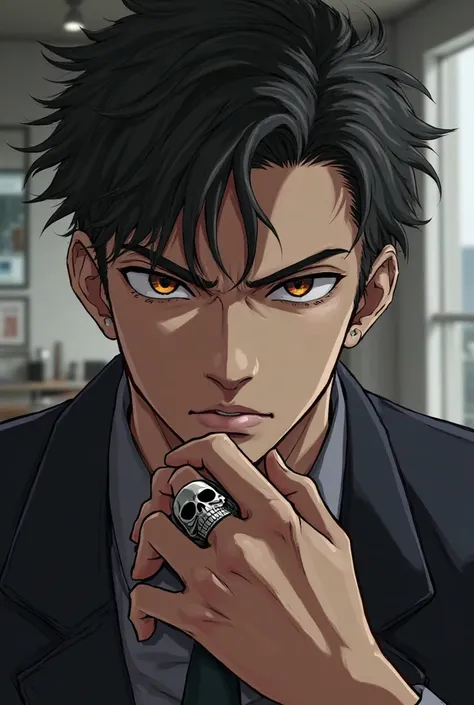 cool ,handsome and young man(anime Mature boy ) , businessman like a boss ,with a cool ring with skull  , never show the feeling ,never smile , a cautious heart kind. like a deadly person