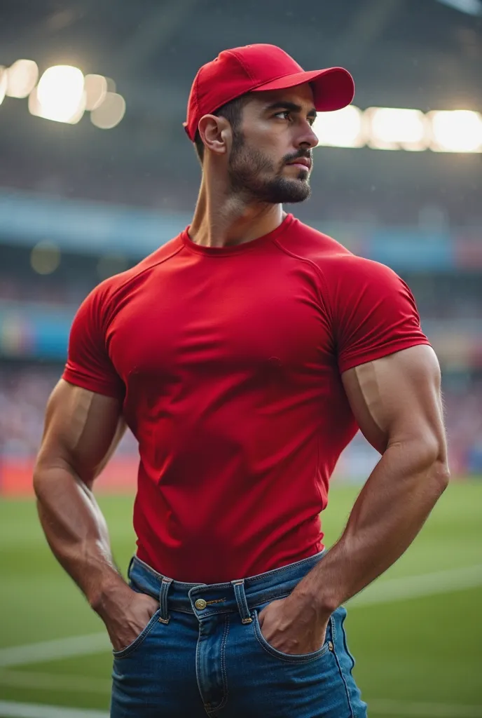   realistic photography  , 35 years old (((Athletic man rubio ))) , , seen from below, nalgon  in the profile  ,  red very tight red shirt and jeans,  blue belt ,  in the profile  ,  big ass, viendo a cámara,    black eyes, at the stadium, sexy man, muy  b...