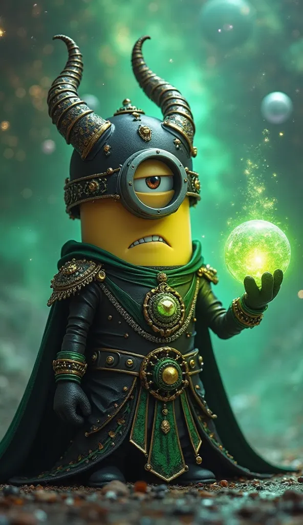 A cinematic medium shot of a mischievous Minion dressed as a cosmic overlord. The Minion is wearing a detailed black and green armored outfit with golden accents, a long flowing cape, and an ornate horned helmet resembling Loki's from Norse mythology. Its ...