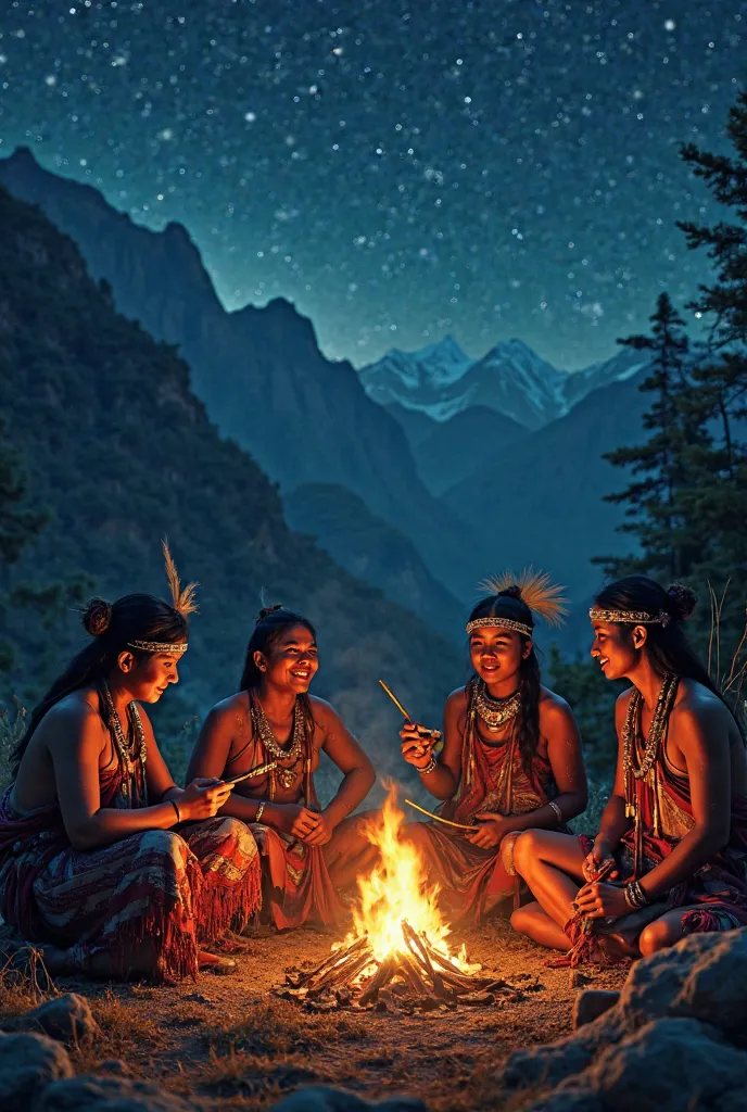 Create an ultra-realistic image of an indigenous group at night around a campfire with indigenous instruments