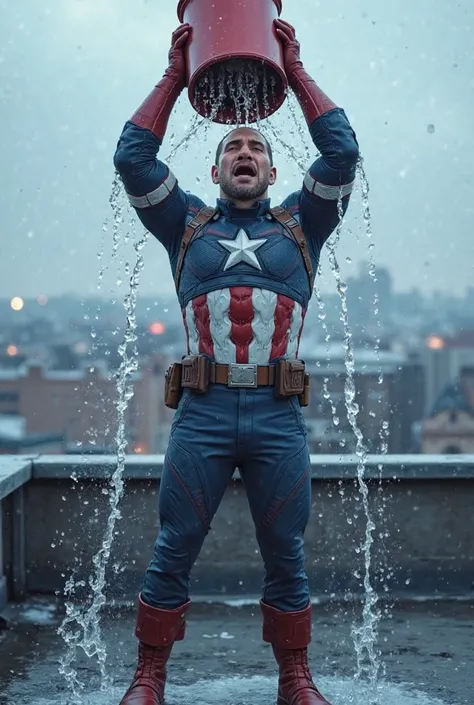 A detailed 3D render of Captain America standing on the rooftop, shivering in the cold morning air as he pours the entire bucket of water over his head. His expression is a mix of shock and discomfort, with water splashing dramatically around him. The cool...