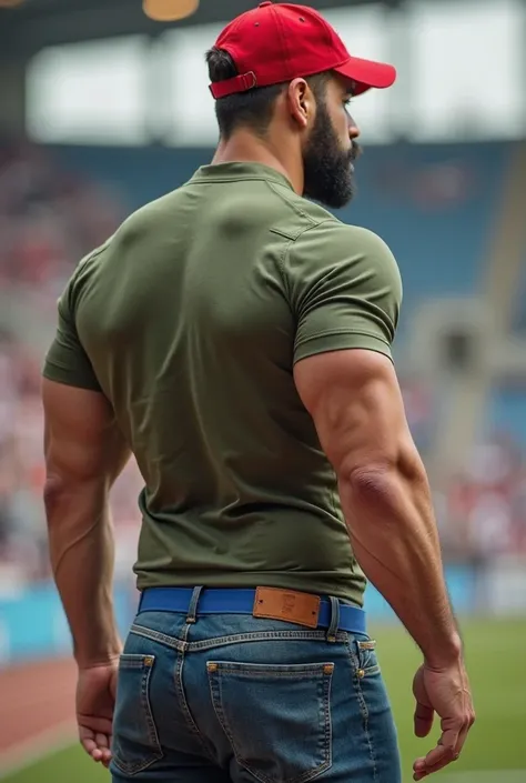   realistic photography  , 35 years old (((Athletic man rubio ))) , , seen from below, nalgon  in the profile  ,  red very tight military green shirt and jeans,  blue belt ,  in the profile  ,  big ass, viendo a cámara,    black eyes, at the stadium, sexy ...