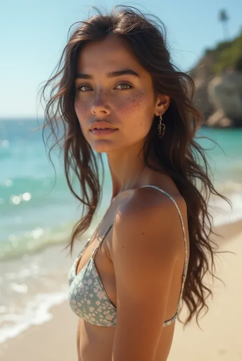 Girl with black hair in a bikini on the beach 4K image age 22 years old hair below the shoulders full of freckles on her face