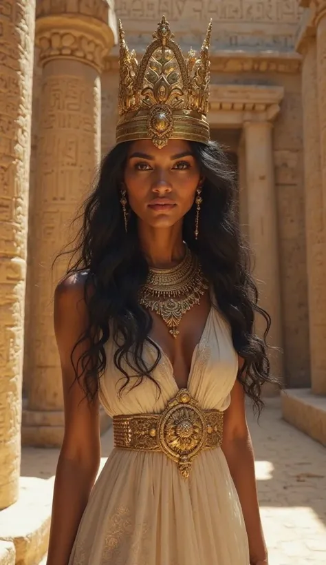 It generates the image of an Egyptian woman with black hair and a crown wearing a white dress