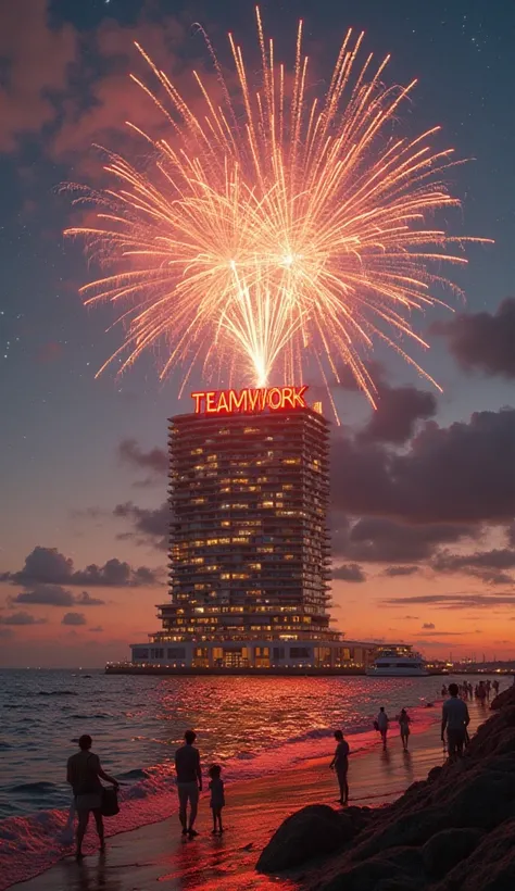  ultra-realistic , photorealistic,  Beautiful Atmosphere ,  beautiful glowing fireworks form the Teamwork 10K inscription atop a beautiful multi-storey building near the sea,  Cheerful and peaceful atmosphere with several people on site 