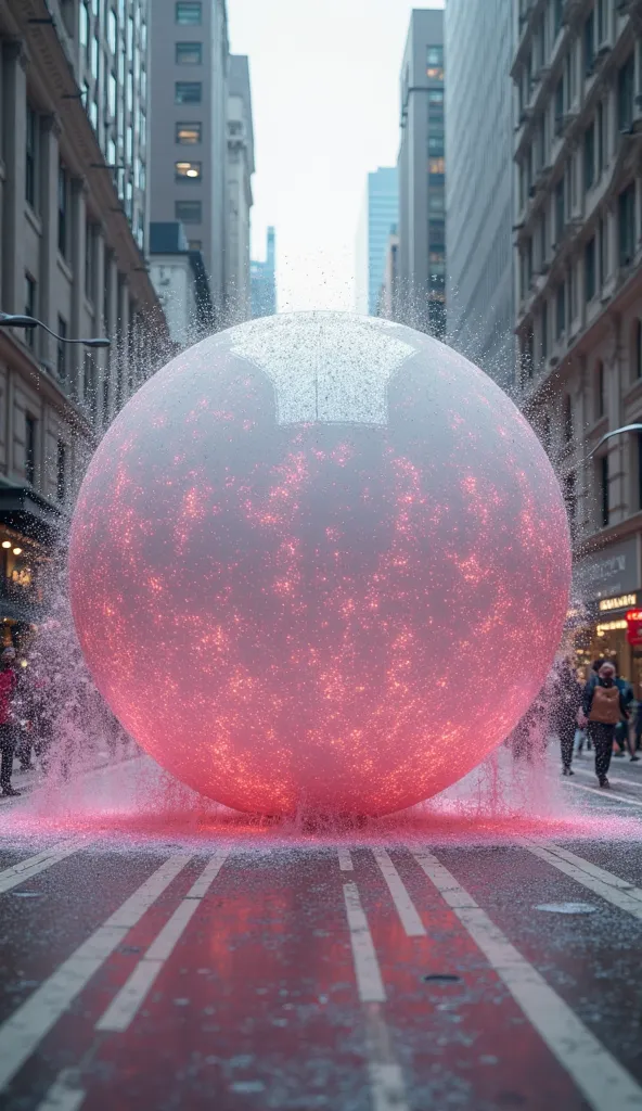 A cinematic photograph of a gigantic white ball with lots of pink glitter rolling on a street 