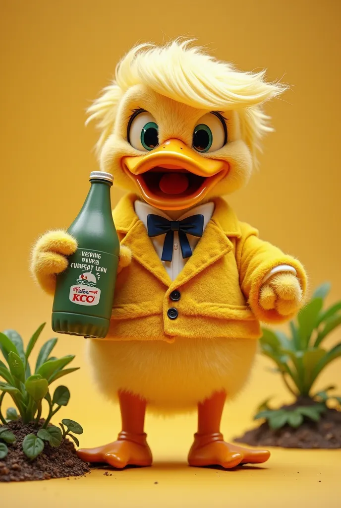 must appear Make an image promoting sustainable development in the style of yellow political satire, clothing in which the Donald Duck characterized by Donald Trump, with a KFC (bottle that refers to the phrase “keeping Future Clean”), against the bottom o...