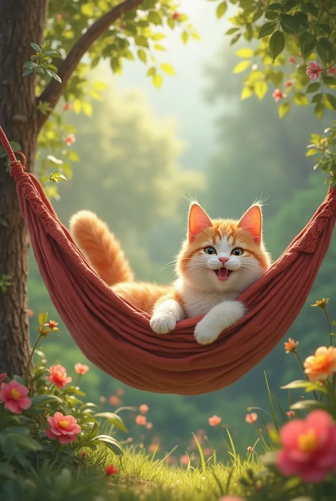 Cat with funny smile lying in hammock 