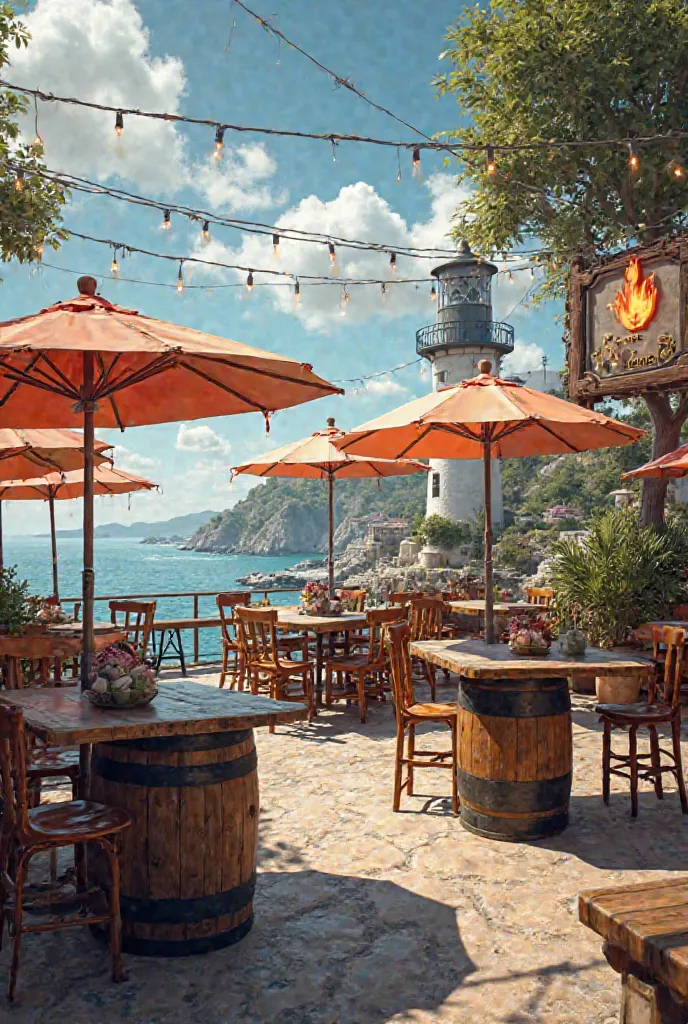 grill terrace with a sign that shows the lighthouse and a fire flame with tables ,chairs umbrellas ,two barrels in the shape of a table