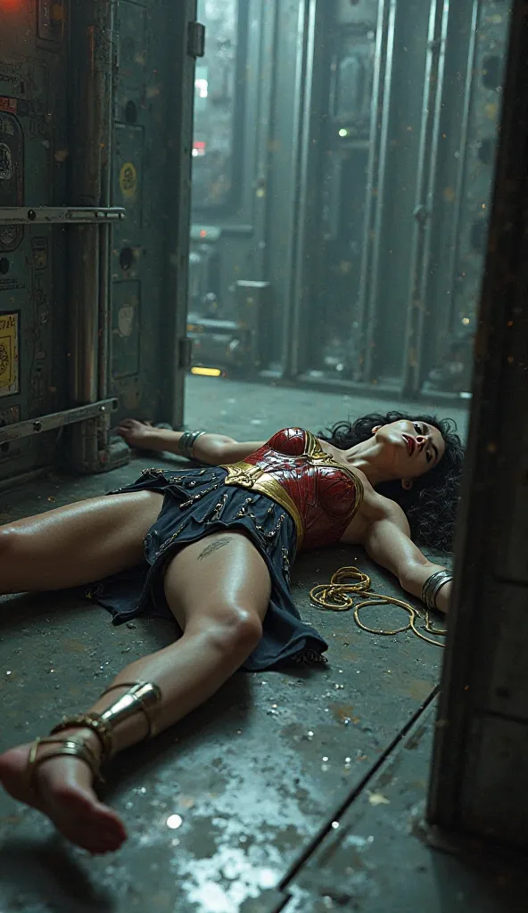 Unconscious wonder woman on floor inside a prison, hands are trapped with a Cain backward , at a spaceship , realistic 