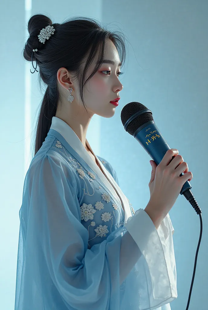 A Korean-style feminine hand holding a beautiful and shining dark blue microphone that is different and unique and WRITTEN HYU-KIM on the microphone 