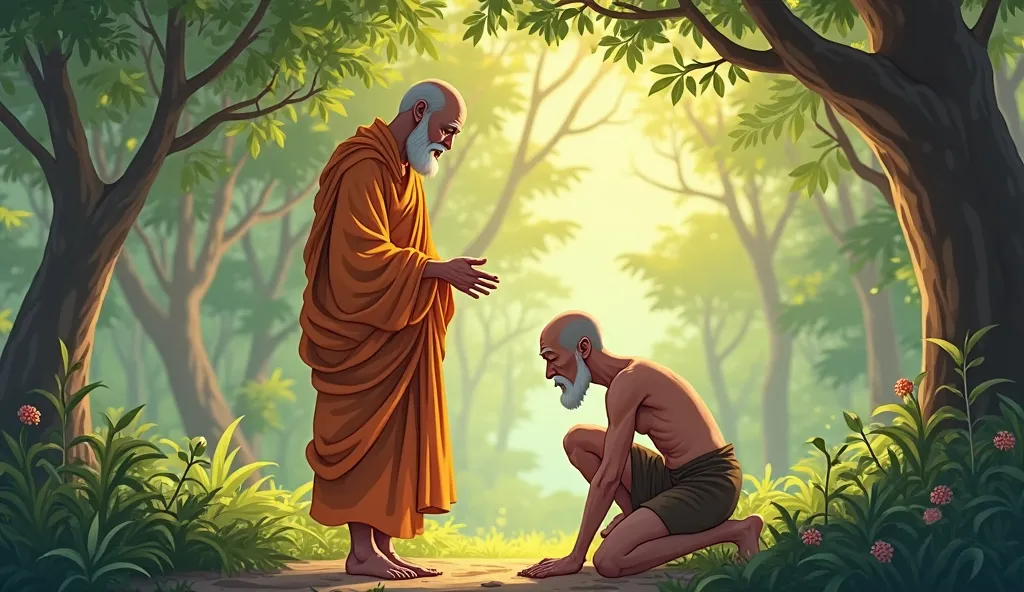 In a serene forest, a Buddhist Gurudev with a bald head and a completely shaved face stands in deep contemplation, dressed in flowing saffron robes. From a side view, he gazes downward with a calm and compassionate expression. At his feet, a frail beggar w...