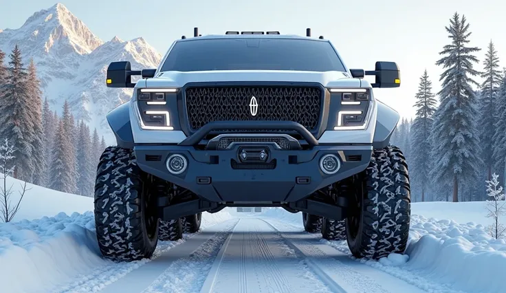 Full front view 
 
A detailed and stunningly re bealistic 3 D render focusing on the bumper view of a colossal 2025 Lincoln MOTORHOME 6x6, engineered for off-road.  dominance. The view highlights the rugged steel bumper with integrated fog lights, a winch ...