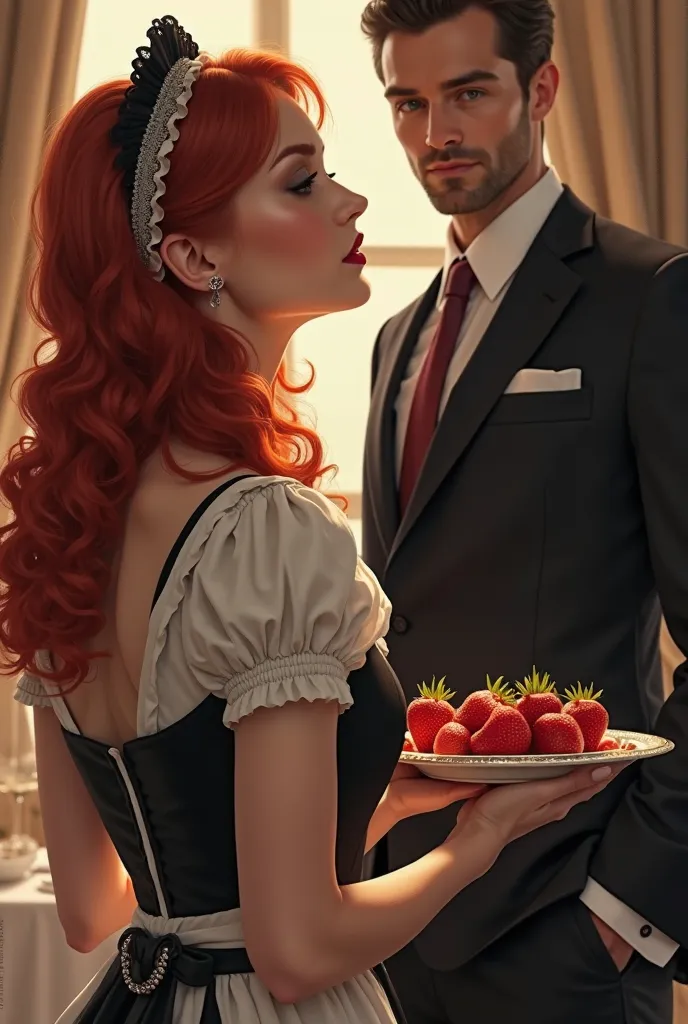 Make a book cover featuring a red-haired woman with her back dressed as a maid holding a fruit tray and some strawberries in front of a tall man in a suit, You can't see the man's face and the woman is looking at him 