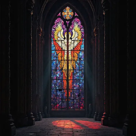 A grand gothic cathedral with an enormous stained-glass window, prominently featuring a celestial angel with six majestic wings. The angel’s face and wings are intricately designed, but large, jagged cracks run through the glass, distorting the angel’s for...