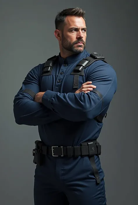 Create a graphic image of a non-real male guard crossing his arms in front of his chest and turning to the right. Navy Blue Protective Uniform