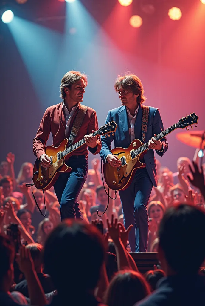 John Lennon and Paul McCartney currently playing at a concert 