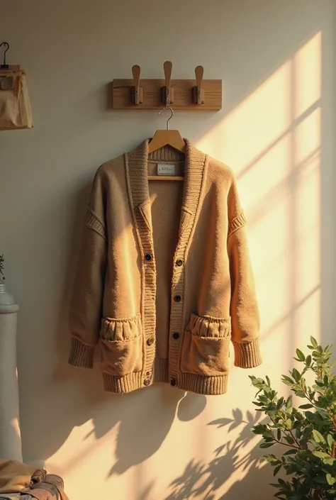 A single worn-out cardigan hanging on a wooden hook, with soft golden light shining on it. make it like a painting 