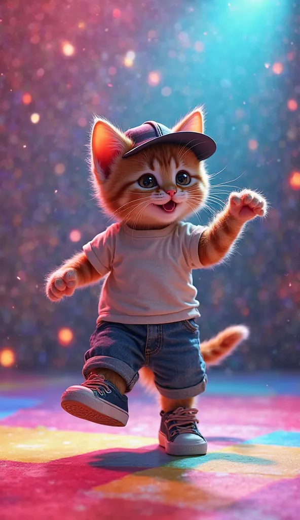 Kitten wearing t shit denim shoes and cap.dancing two legs colorful stage.