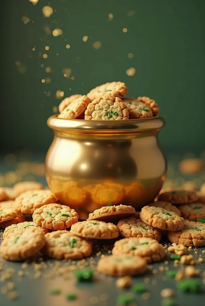 A pot of gold filled with cookies instead of coins. luck and good vibes for St. Patrick’s Day, realistic, studio light, background blur