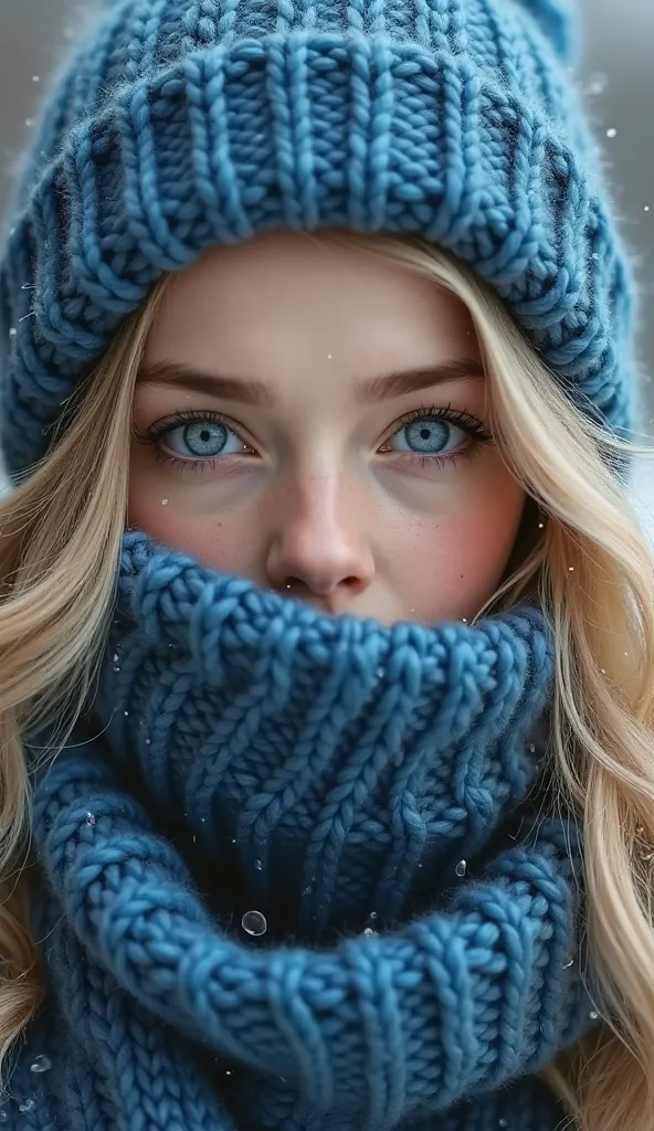 striking portrait captures the captivating features of a young woman bundled up against the winter chill. Her face is partially obscured by a chunky, knit blue scarf and hat, but her piercing, azure eyes peer out with a pensive, contemplative expression.Th...