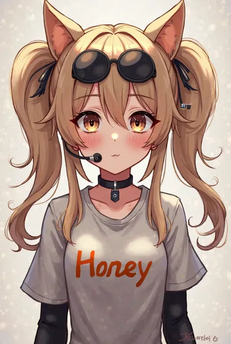 Anime femenina, light brown hair with two tails, Roblox Headles head with eyelashes, Some black lenses on the head, A hearing aid with spikes, A black collar a shirt that says "Honey" Some black arm warmers, and pose sexy  