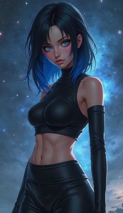 Black-haired girl with her tips painted blue with strong blue eyes with serious eyes in a black sports top in leather pants in a universe 