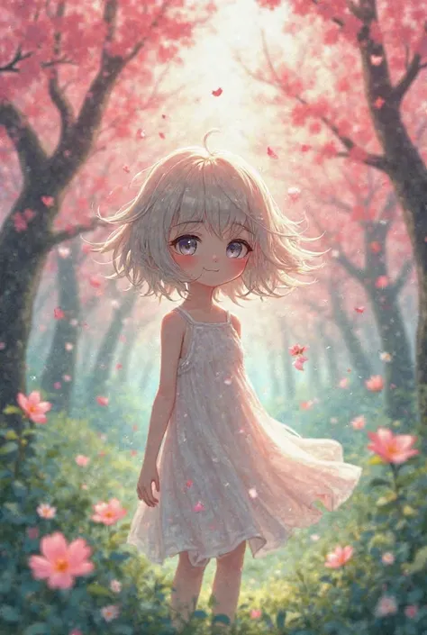 A young anime character who is disappearing in the leaves of Los Rosaditos cherry trees