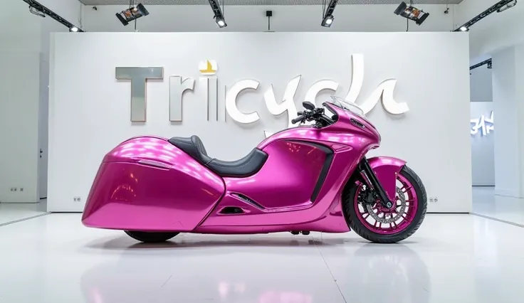 A stunning and captivating photograph of a  2025 Tricycle Camper  taking center stage in a luxurious white showroom. The futuristic motorcycle boasts a vibrant pink exterior that gleams, highlighting its sleek, aerodynamic design and bold accents. The larg...