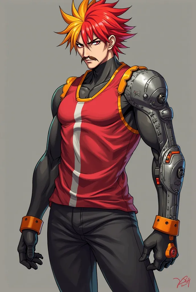 Anime style
Male
52 years old
Phoenix Enigma, wears the following clothes: a red tank top with yellow details on the shoulders and a white line down the center, black pants, black gloves on both hands, and orange shoes with red details. His hair is two col...